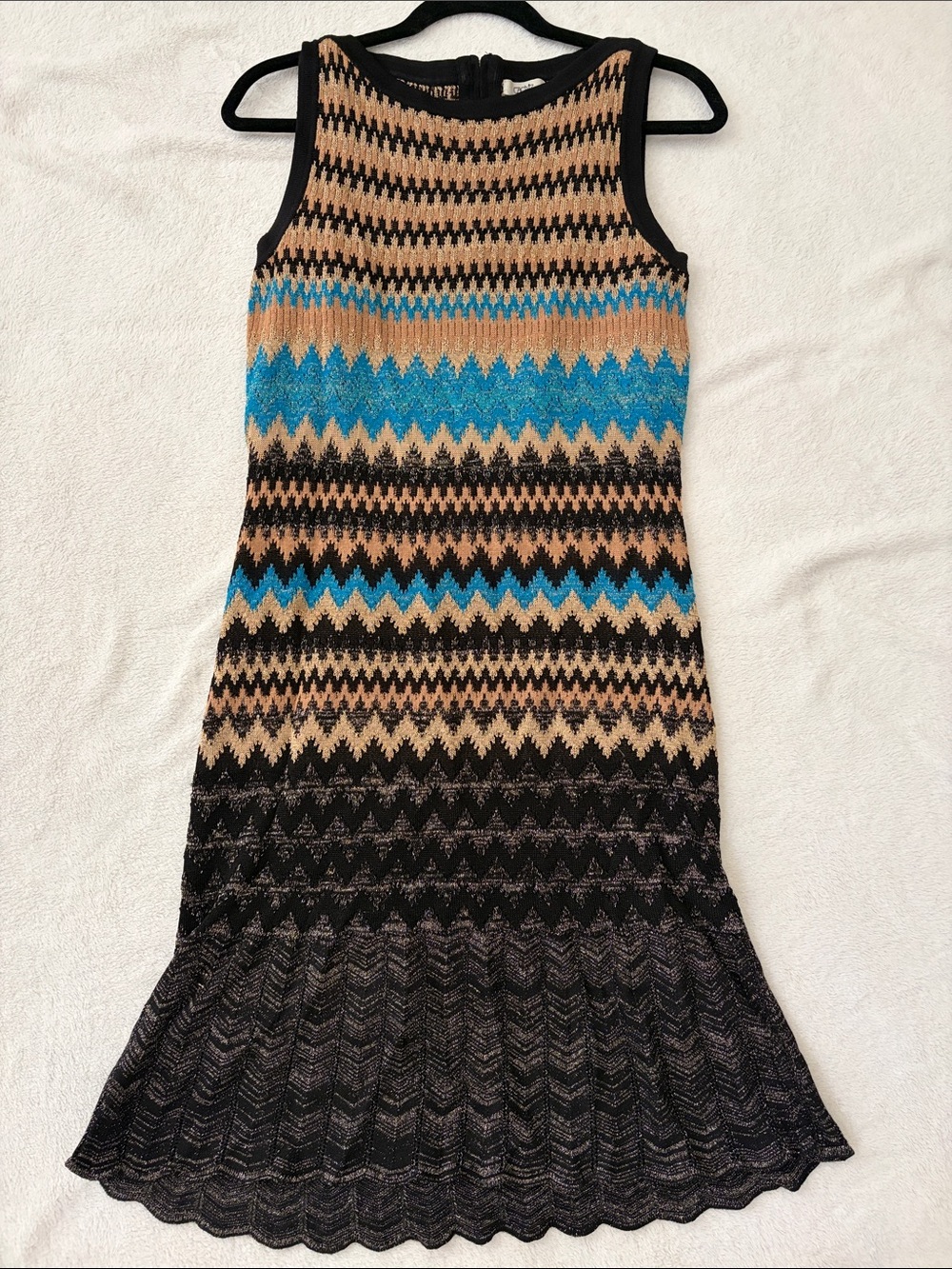 Cache Sleeveless Zigzag Knit Dress-Black, Tan & Blue and Matching Sweater Jacket